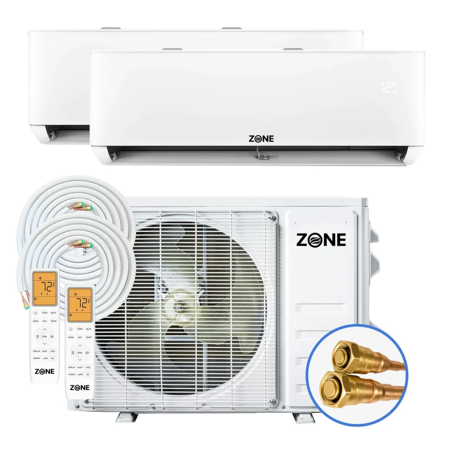 Zone Air two zone DIY mini split kit with two white wall-mount indoor units, one outdoor condenser, two coiled pre-charged line sets, two remotes and a close-up of the brass quick-connect fittings