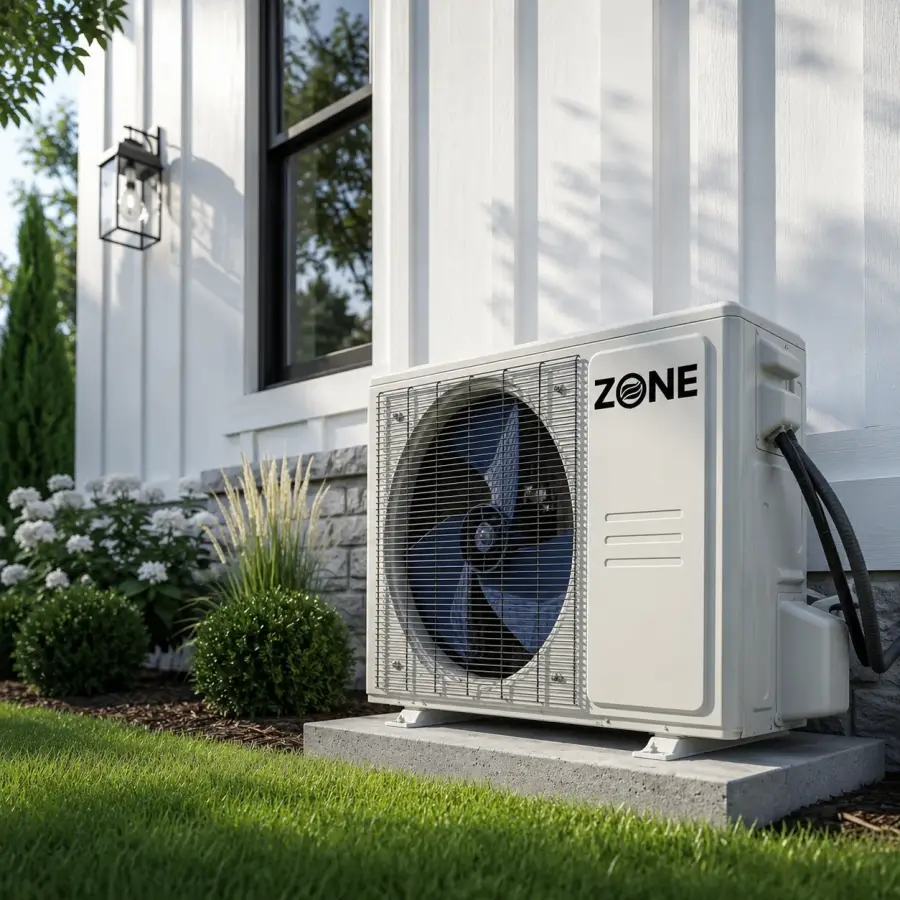 Zone Air DIY mini split heat pump outdoor condenser on a concrete pad beside a white house