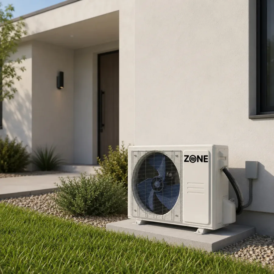 Outdoor condenser of a DIY mini split heat pump on a concrete pad beside a house, the unit a parts and compressor warranty covers