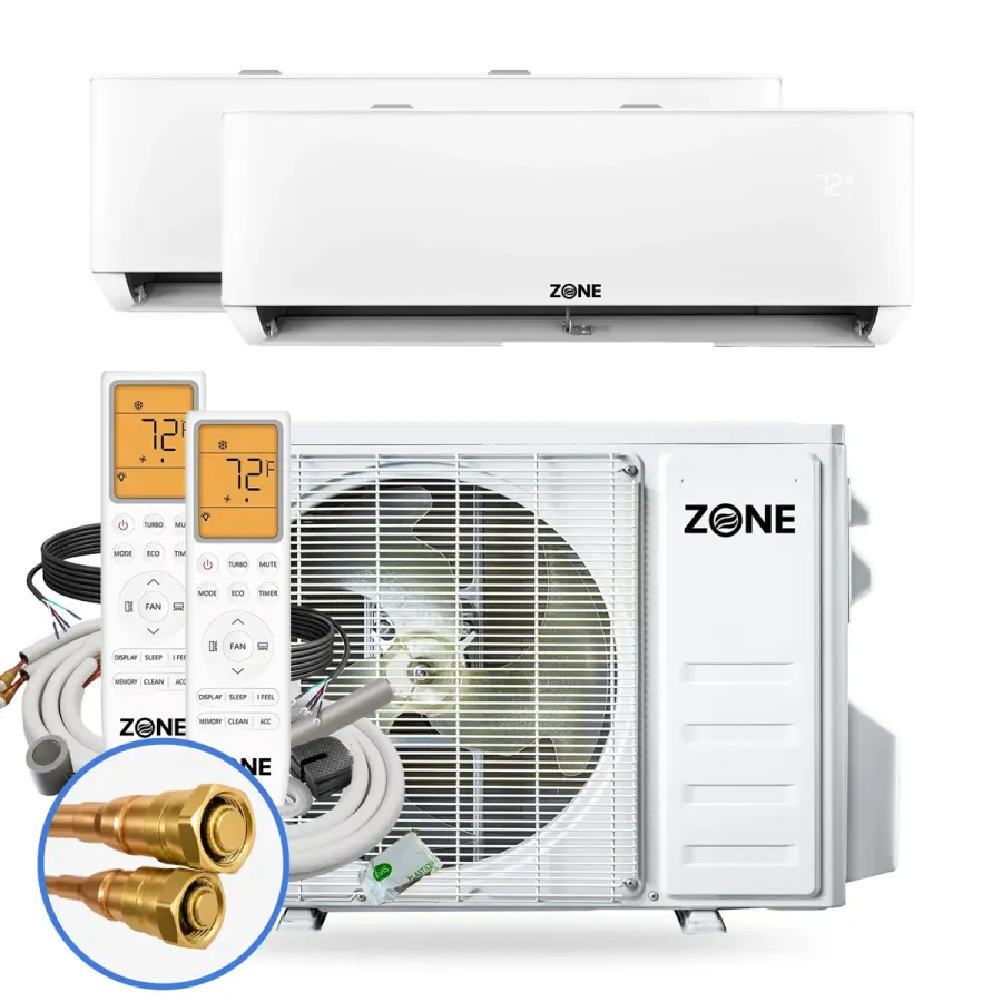 Dual zone precharged mini split systems kit with two white wall-mount indoor units, one outdoor condenser, two remotes, coiled line sets and a close-up of the brass quick-connect fittings