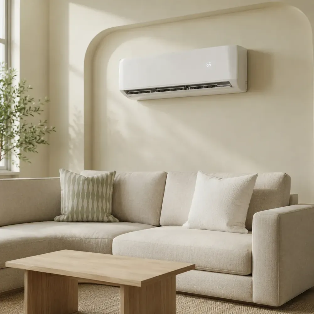 White wall-mounted mini split for bedroom 2026 displaying 65 above a beige sectional sofa
