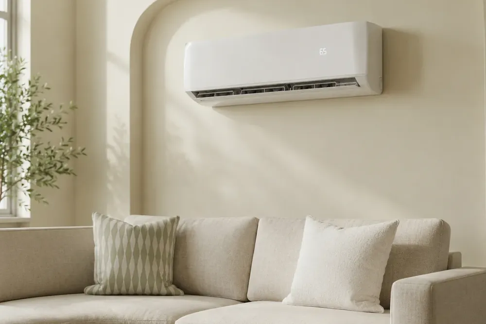 Wall-mounted mini split for mobile homes 2026 displaying 65 degrees above a beige sectional sofa