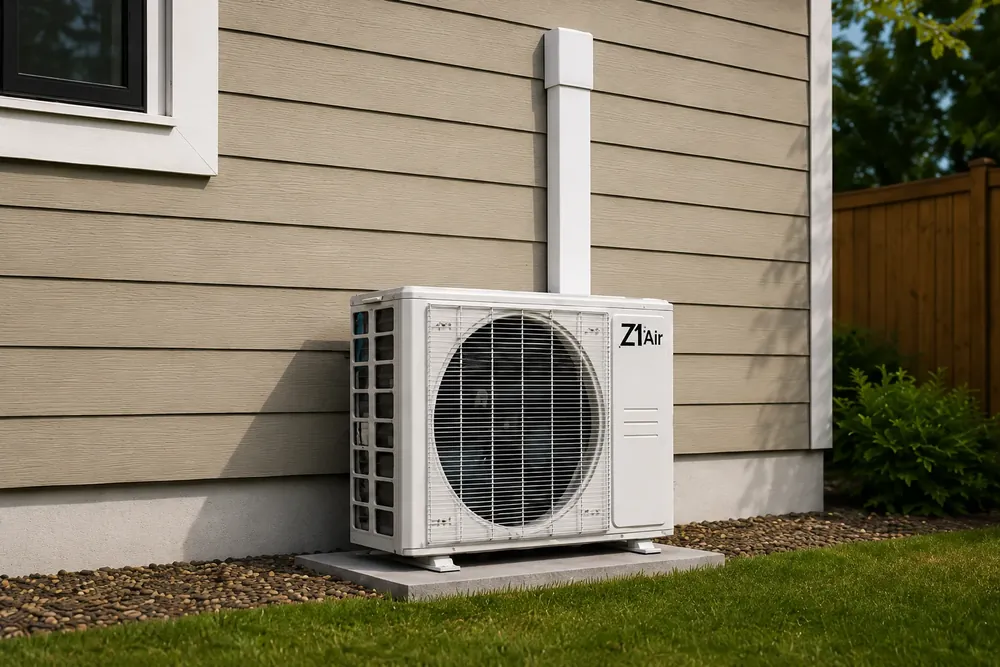 Outdoor Z1Air heat pump unit on concrete pad beside house with siding, connected by conduit for sunroom mini split 2026 installation