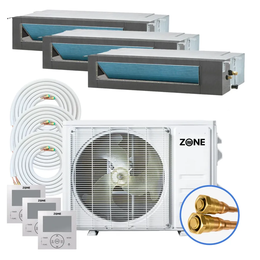 Multi zone concealed ducted mini split DIY kit with three slim ducted air handlers, one outdoor condenser, three pre charged line sets, wired controllers and a close-up of the quick connect fittings
