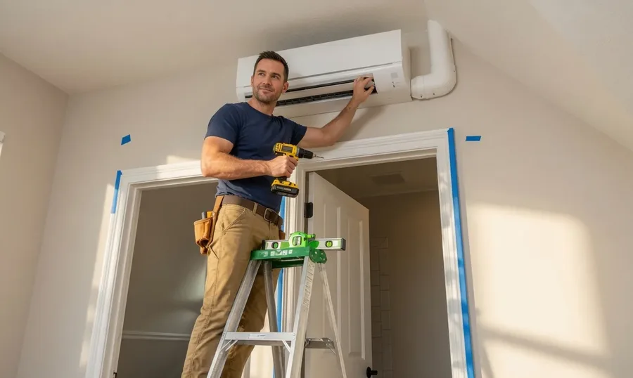 Homeowner on a stepladder fitting a wall-mounted mini split indoor unit with a drill and a level during a DIY dual zone install