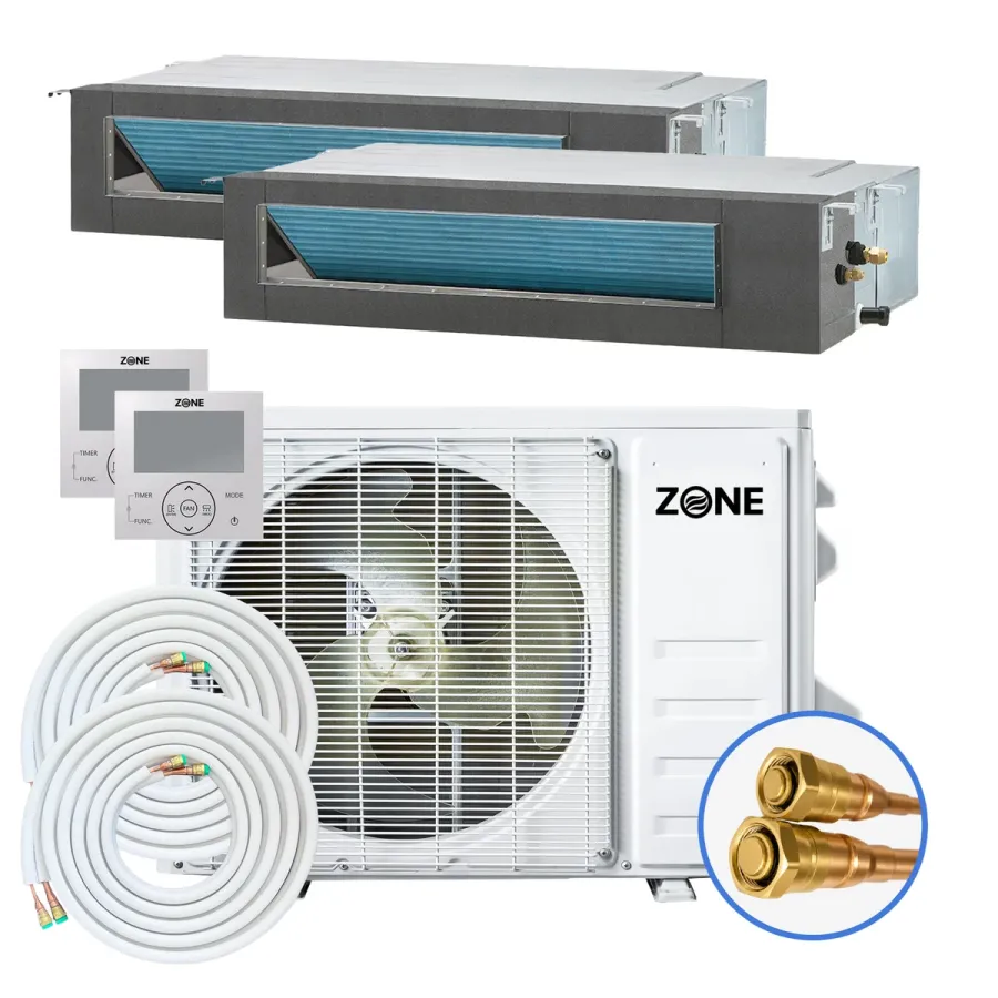 Easy install multi zone concealed ducted mini split kit with two slim ducted air handlers, one outdoor condenser, two wired controllers, two pre charged line sets and a close-up of the quick connect fittings